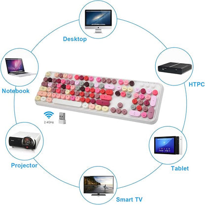 Colorful Wireless Keyboard and Mouse Combo, Typewriter Style Bubble Keyboard with Round Keys, 2.4GHz Cute Aesthetic Full Size Keyboard with Number Pad for PC Laptop Desktop