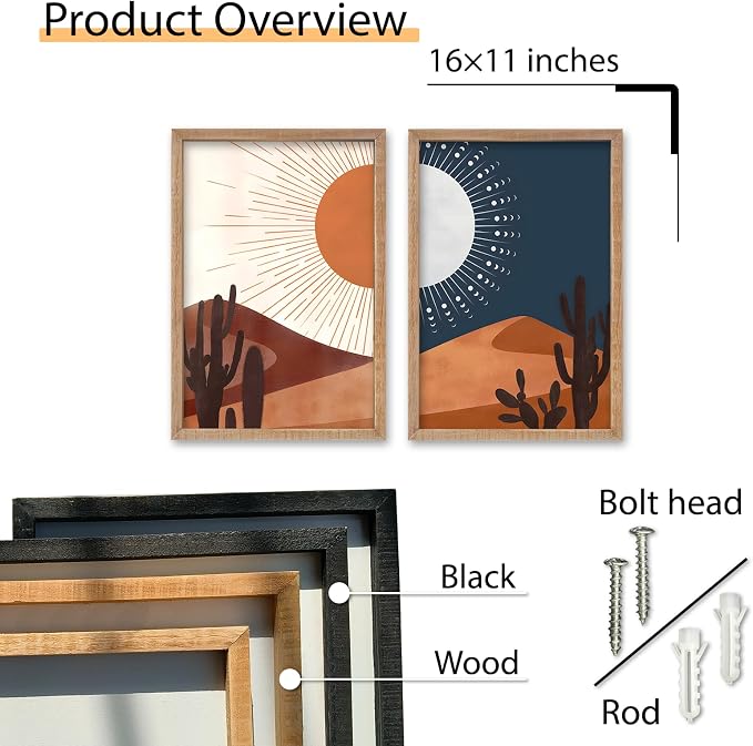 SRSZHIYUE Desert Cactus Landscape Day and Night Wall Art 16x11 Inch 2 Pieces Boho Abstract Wall Decor for Living Room Wooden Framed Hanging (Wood)