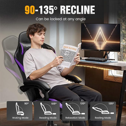 GTPLAYER Gaming Chair with Pocket Spring Cushion, Leather Office Chair with Ergonomic High Back & Lumbar Support for Back Pain Relief, Computer Game Chair for Adults, Purple/Black
