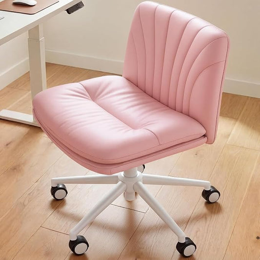 Marsail Armless-Office Desk Chair with Wheels: PU Leather Cross Legged Wide Chair,Comfortable Adjustable Swivel Task Chairs for Home,Office,Make Up,Small Space,Bed Room, Pink