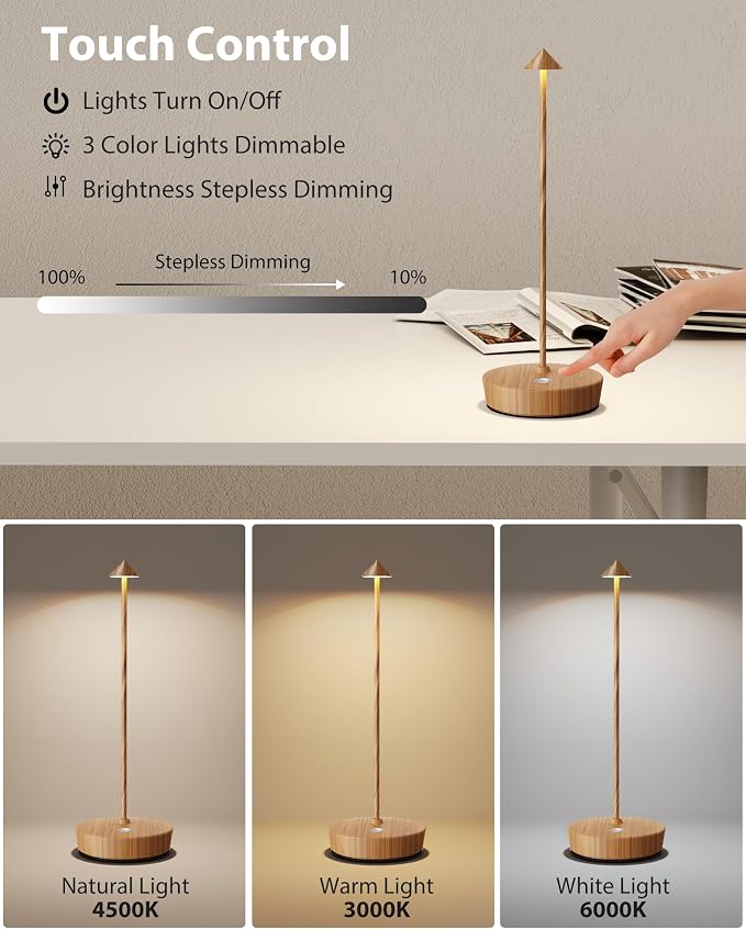 Cordless Table Lamps Rechargeable, 6000mAh Battery Operated LED Desk Lamp Outdoor Waterproof Portable Touch Dimmable Table Light for Patio Restaurant Dining Home Set of 2 Wooden