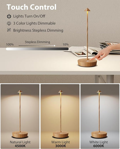 Cordless Table Lamps Rechargeable, 6000mAh Battery Operated LED Desk Lamp Outdoor Waterproof Portable Touch Dimmable Table Light for Patio Restaurant Dining Home Set of 2 Wooden