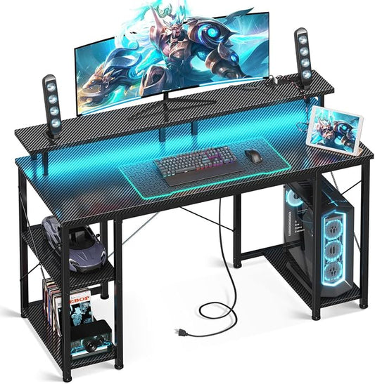 ODK 48 inch Computer Desk with Power Outlets & LED Lights, Gaming Desk with Monitor Stand & Storage Sheves, Home Office Desk, Carbon Fiber Black