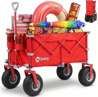 Sekey Heavy Duty Beach Wagon with 9" Big Sand-Proof Wheels – 600lb Capacity, 200L Oversized Foldable Cart | Adjustable Handle & All-Terrain Tires for Sand, Camping, Groceries