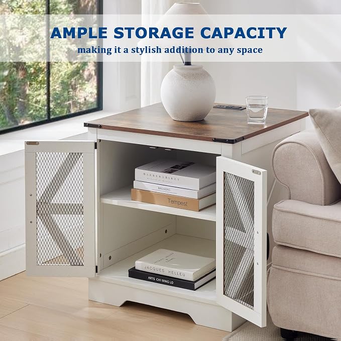 Farmhouse End Table Set with Charging Station Set of 2, Living Room Tables with Hidden Storage, Wood Square Sofa Bedside Tables, Night Stand with Power Outlet and Door, White