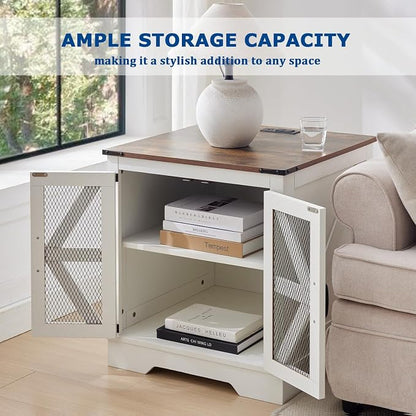 Farmhouse End Table Set with Charging Station Set of 2, Living Room Tables with Hidden Storage, Wood Square Sofa Bedside Tables, Night Stand with Power Outlet and Door, White
