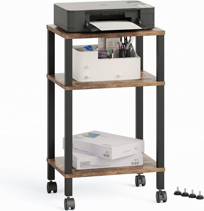 3-Tier Printer Stand with Storage, Mobile Printer Cart with Rolling Casters & Adjustable Feet, Under Desk Storage Shelf for Home Office, Small Printers,Rustic Brown, 15.7" x 11.8" x 25.9"