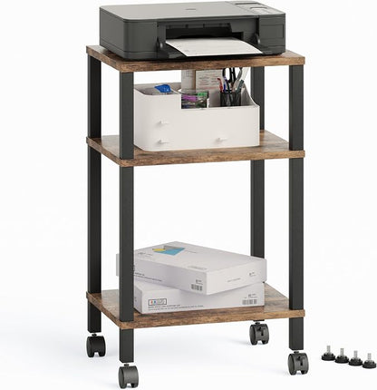 3-Tier Printer Stand with Storage, Mobile Printer Cart with Rolling Casters & Adjustable Feet, Under Desk Storage Shelf for Home Office, Small Printers,Rustic Brown, 15.7" x 11.8" x 25.9"