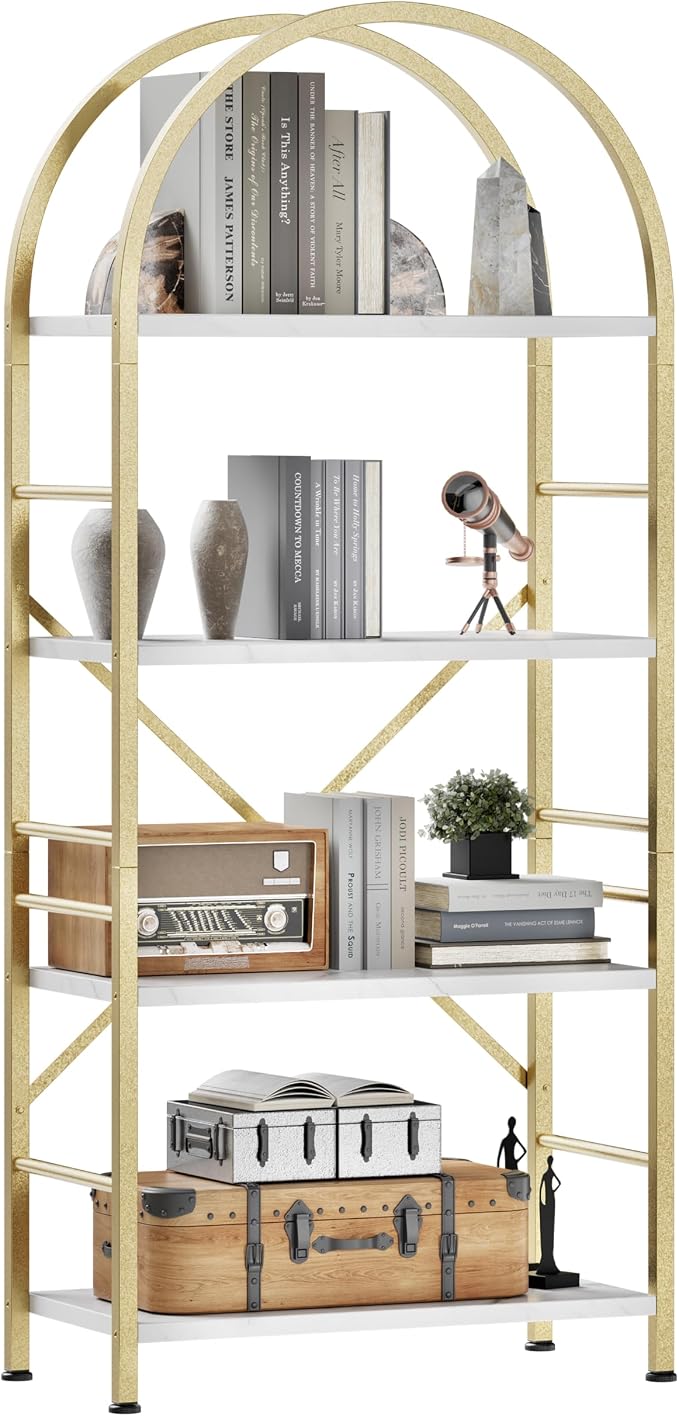 Shintenchi Arched Bookshelf, 4 Tier Bookcase, Tall Storage Shelf, Golden
