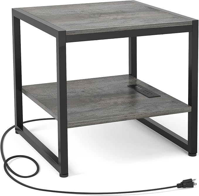 Homieasy End Table with Charging Station, 20" Mini Fridge Stand with Power Outlets, Heavy Duty Side Table for Living Room, Small Table Stand & Fridge Table, Black Oak