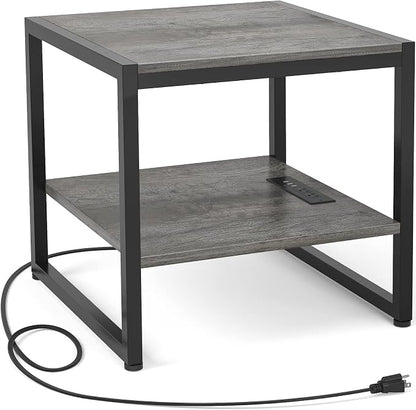 Homieasy End Table with Charging Station, 20" Mini Fridge Stand with Power Outlets, Heavy Duty Side Table for Living Room, Small Table Stand & Fridge Table, Black Oak
