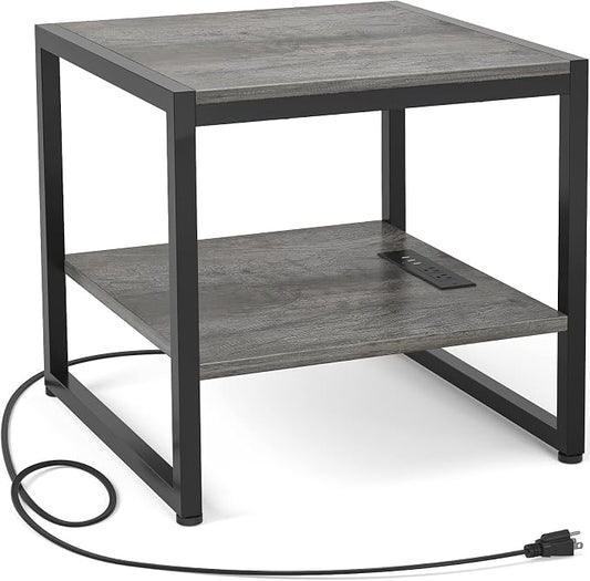 Homieasy End Table with Charging Station, 20" Mini Fridge Stand with Power Outlets, Heavy Duty Side Table for Living Room, Small Table Stand & Fridge Table, Black Oak