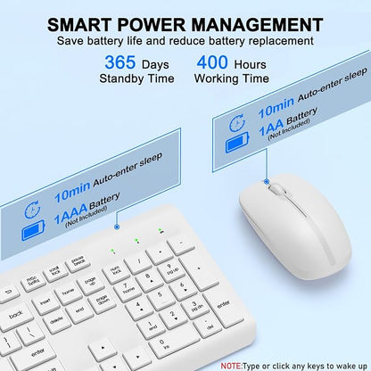 Wireless Keyboard and Mouse Combo, Full-Size Silent Ergonomic Keyboard and Optical Mouse, Long Battery Life, 2.4GHz Lag-Free Cordless Mice Keyboard for Computer, Mac, Laptop, PC, Windows(White)