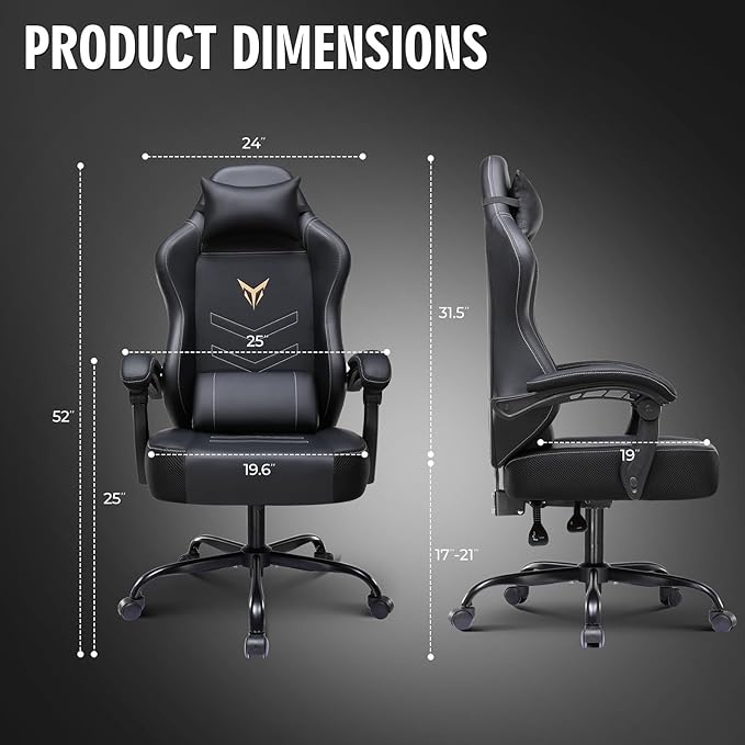 GTPLAYER Gaming Chair, Office Chair High Back Computer Chair for Adults, Leather Desk Chair Executive Ergonomic Height Adjustable with Headrest and Lumbar Support, 300lbs Black