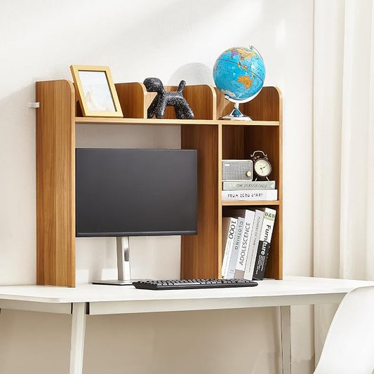 VEVOR Wood Desk Shelf, Desktop Bookshelf, Desk Storage Hutch with 6 Shelves, Office Countertop Organizer 3-Tier Display Rack, with Anti-Slip Feet Pads, for Office, Home & Dorm, Natural