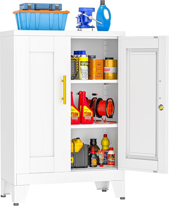 36 Inch Locking Storage Cabinet, 11.8" D x 23.6" W x 35.4" H, Metal Cabinet with 2 Adjustable Shelves, Heavy-Duty Steel Garage Storage Cabinet for Home, Office, Basement, White