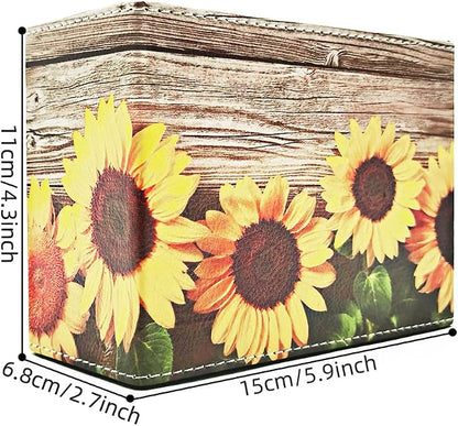 Pen Holder, Rectangle Vintage Pencil Holder with 2 Compartments, PU Leather Art Remote Control Holder Organizer Storage for Desk Accessory (Sunflower)