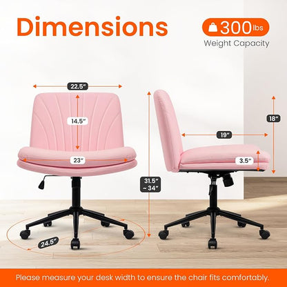 Orange Factory Criss Cross Chair with Wheels Comfy Wide Vanity Desk Chair Dual Base Leather Armless Adjustable Swivel for Home Computer Task (Pink Pu, Faux Leather)