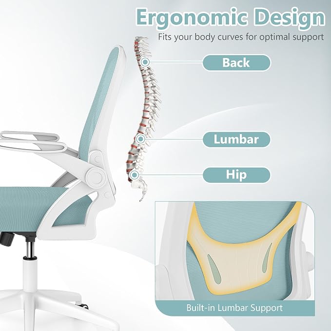 Giantex Mesh Office Chair, Ergonomic Desk Chair with Flip-up Arms & Lumbar Support, Height Adjustable Swivel Computer Desk Chair with High Back for Home Office (Blue)