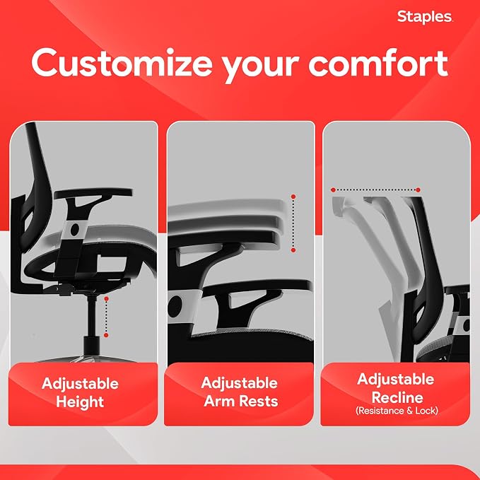 STAPLES Ergonomic Task Chair, Mesh, Ergonomic, Lumbar Support, Swivel, Gray