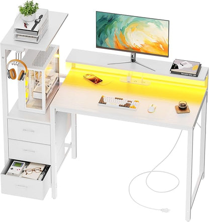 HLDIRECT 44 inch Gaming Desk with 3 Fabric Drawers & Side Hooks-Reversible Home Office Computer Desk with Power Outlets & Led Lights, Gamer Desk Table with Monitor Stand, White