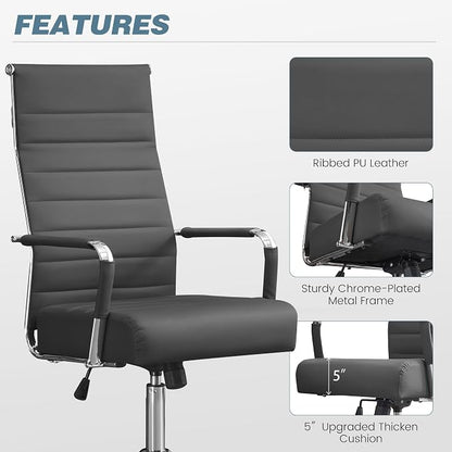 Office Desk Chair, Leather Conference Room Chairs with Wheels and Arms, Modern Ergonomic High Back Executive Ribbed Height Adjustable Swivel Chair for Home Office (Grey)