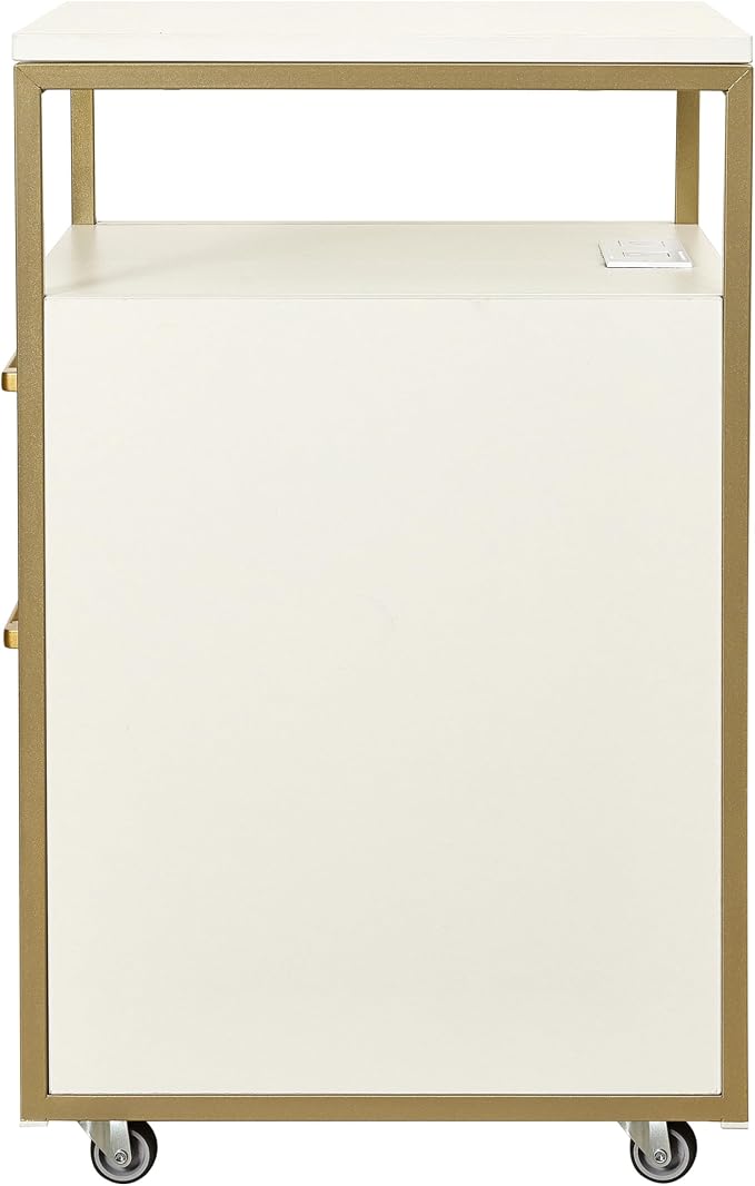 Modern 2-Drawer Rolling File Cabinet with Lock, 2 USB Ports and Power Outlet for Device Charging, Portable File Organizer or Printer Stand for Office or Home with Locking Wheels, White & Gold