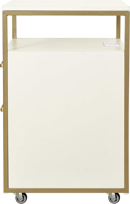 Modern 2-Drawer Rolling File Cabinet with Lock, 2 USB Ports and Power Outlet for Device Charging, Portable File Organizer or Printer Stand for Office or Home with Locking Wheels, White & Gold