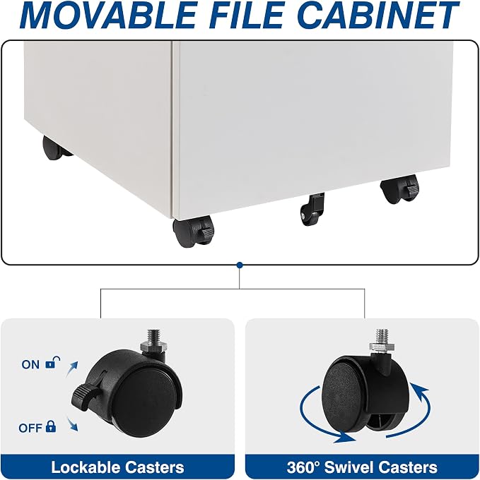 Fesbos 3 Drawer Mobile Metal File Cabinet, White Filling Cabinets with Lock, Office Storage File Cabinet with Wheels Under Desk - Assembled Required