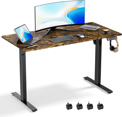 48x24 in Electric Standing Desk,Adjustable Height with Wheels,Brown | Spliced Desktop,27.9"–46.8" Height Range,4 Memory Presets,Lockable Wheels,Headphone Hook,Sit Stand Desk,Home Office