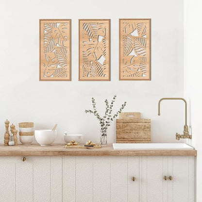IARTTOP Tropical leaf Wood Wall Decor Framed Palm Monstera Leaves Wooden Wall Art Coastal Hawaii Art decor 7.87x15.75 Inch Set of 3 for Living room Bedroom Office
