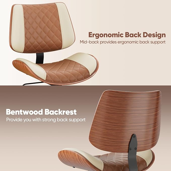 Home Office Desk Chair with Swivel Wheels, Modern PU Leather Armless Office Chair, Small Mid Back Computer Chair for Home Office, Reading Meeting Room (Brown and Beige, Gold Wheels)