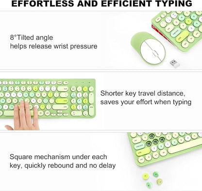 Wireless Keyboard and Mouse Combo, Retro Typewriter Keyboard with Round Keycaps, 2.4GHz USB Cute Wireless Keyboard Mouse for Computer, Desktop, Laptop (Green Colorful)