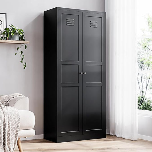 Yizosh Metal Storage Cabinet with 2 Doors and 5 Adjustable Shelves - 71" Black Kitchen Pantry Storage Cabinet, 5-Tier Tall Steel Cabinet Locker for Kitchen, Living Room, Dining Room