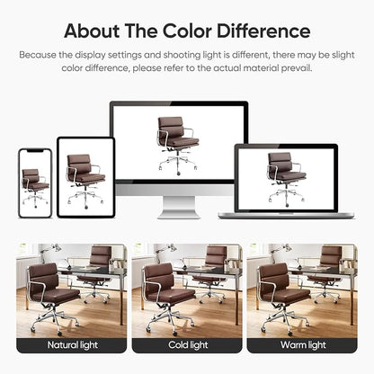 Genuine Leather Office Chair, Padded Mid Back Ergonomic Executive Desk Chair with Aluminum Arm Rest and Base, Swivel Wheels with Lumbar Support & Tilting Function, Hight Adjustable Dark Brown