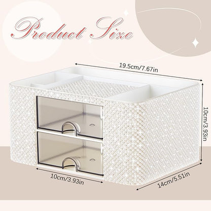MotiMind White Bling Desk Organizer with 2 Drawer, Sparkly Makeup Organizer for Vanity, Girly Desk Accessories, Rhinestone Pen Holder, Elevate Your Workspace with White Serenity (Pearl)