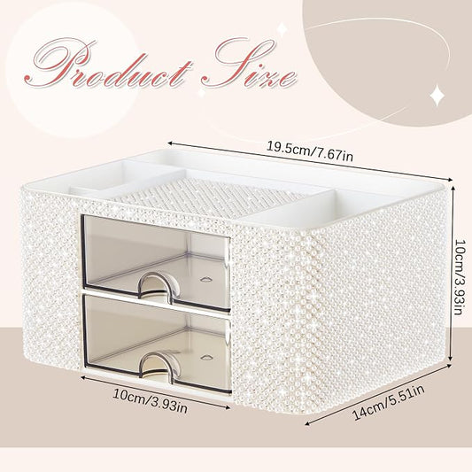 MotiMind White Bling Desk Organizer with 2 Drawer, Sparkly Makeup Organizer for Vanity, Girly Desk Accessories, Rhinestone Pen Holder, Elevate Your Workspace with White Serenity (Pearl)