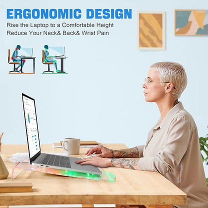 Acrylic Laptop Stand Clear Tablet Holder with 366 Kinds of RGB Backlight,Multiple Heat Dissipation Vents Ergonomic Tilted Mount Riser for PC,Notebook,MacBook,Phone from 10 to 17.3 Inch Work/Home