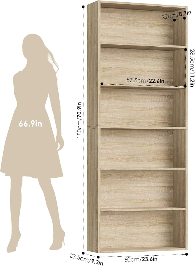 FOTOSOK 6-Tier Open Bookcase and Bookshelf, Freestanding Display Storage Shelves Tall Bookcase for Bedroom, Living Room and Office, Light Oak