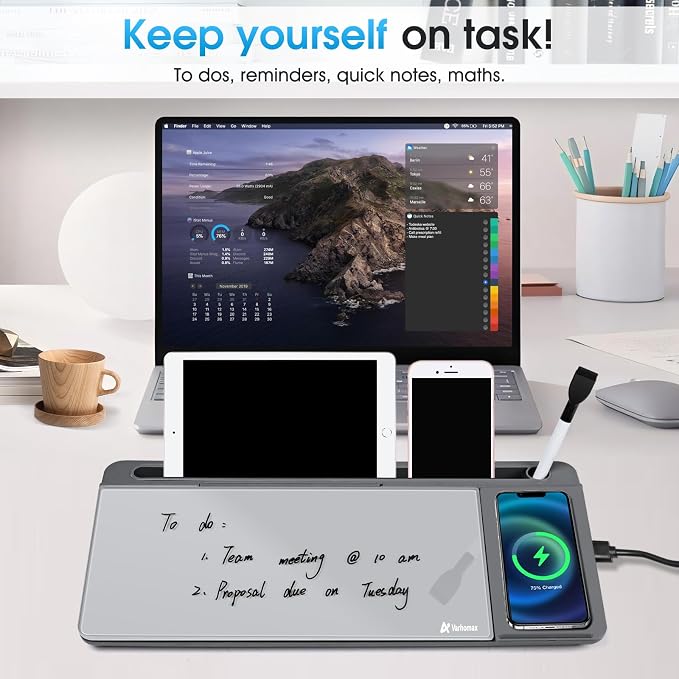 Varhomax Glass Desk Whiteboard with Wireless Charger, Desktop Dry Erase White Board with Storage, to Do List Memo Notepad for Home and Office (Gray)