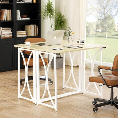 Folding Desk, 31.5" Small Desk for Bedroom, Space Saving Foldable Computer Desk for Home Office, Easy Assembly, Beige