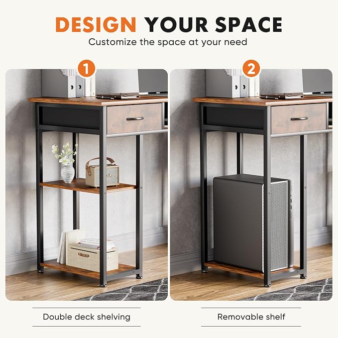 Sweetcrispy Desk with Fabric Drawers, Computer Office 48 Inch Gaming Writing Study 4 Storage Shelves Table for Home Office Bedroom PC Desk, Pure Brown