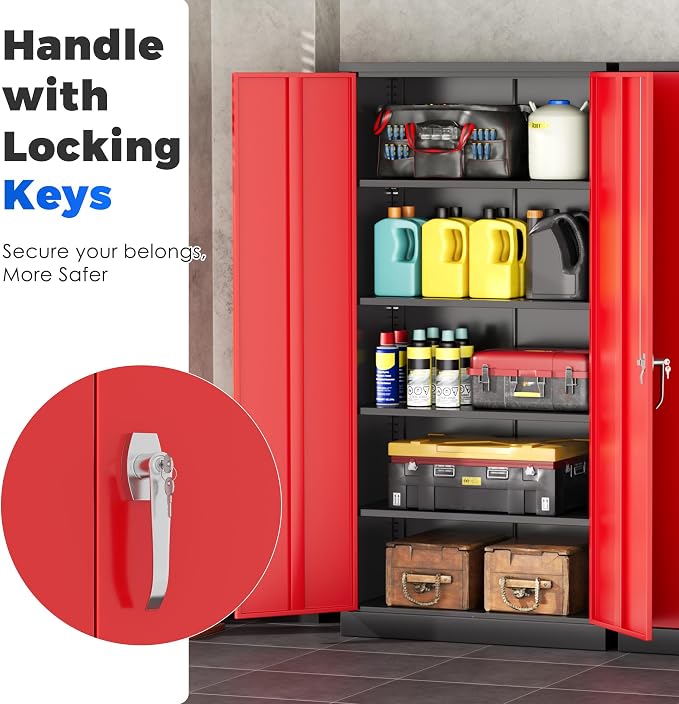 INTERGREAT Metal Garage Storage Cabinet with Lock, 72" Storage Cabinet with Locking Doors and 4 Adjustable Shelves, Lockable Steel Tool Cabinet for Home Office, School, Black Red