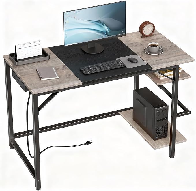 HOOBRO Small Computer Desk, Home Office Desk with Power Outlet, Writing Desk with 2 Shelves, Modern Small Desk for Home Office, Study, Easy to Assemble, Charcoal Gray and Black BG43UDN01
