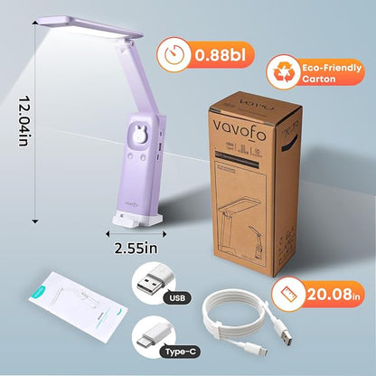 VAVOFO Cute Bunny Desk Lamp, Foldable LED Rechargeable Table Light, Eye-Caring Reading Lamp, 3 Color Modes & Dimmable, for Kids Girls Bedroom Study Dorm Room（Purple）