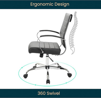 LeisureMod Benmar Leather Office Desk Chair, Mid-Back Ergonomic Swivel Chair with Lumbar Support, Adjustable Height, Tilt Lock, Cushioned Seat & Back, Home Office Task Chair (Black, Single)
