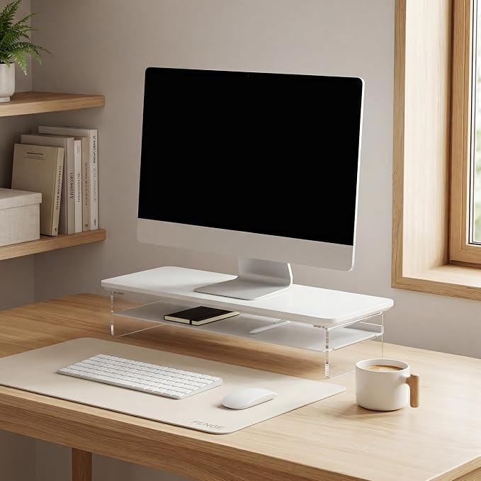 Fenge Acrylic Monitor Stand Riser, 23.6 Inches Monitor Stand with Metal Storage, 2 Tier Acrylic Computer Riser for Desk, Clear Laptop Stand for PC, Laptop, Printer, TV, White