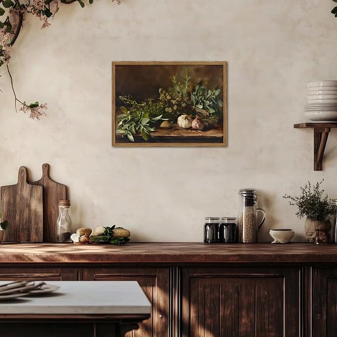 Framed Vintage Kitchen Wall Art, Rustic Garlic and Herbs Pictures Wall Decor Paintings, Farmhouse Cottagecore Canvas Prints Artwork for Home Dining Room Living Room 16x24 inch