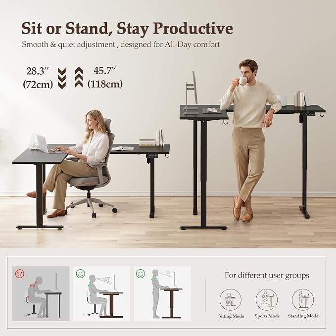 Klicelor L Shaped Standing Desk 63 x 48 Inch, Electric Height Adjustable Corner Desk for Home Office Workstation, Ergonomic Sit to Stand Computer Table with Memory Controller, Black