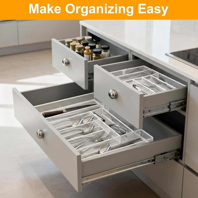 2 Pcs Utensil Drawer Silverware Organizer, Metal Mesh Expandable 13" 24" Kitchen Drawer Organizer, 7-9 Slots Cutlery Tray Dividers for Kitchen Flatware Christmas Housewarming Gift (White)